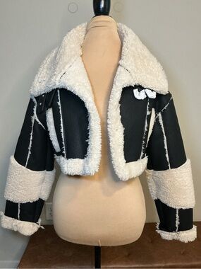 Cropped Faux Shearling Aviator Jacket - Black & Cream